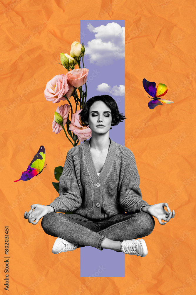 Fototapeta premium Trend artwork composite sketch image 3D photo collage of young lady keep calm meditate zen om gesture hands rose flower butterfly