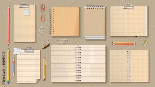 Notebook sheets on kraft paper with lined or dotted pages and sticky notes, clips and colored pencils scattered around. Memo pads, daily planner templates, realistic 3D modern illustration. photo