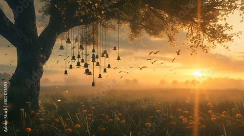 Tree with hanging lanterns in a misty field at sunrise. Symphony of wind with flying birds and glowing lanterns. Fantasy and serenity concept. Design for wallpaper, greeting card, and poster