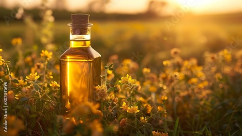 Rapeseed oil in bottle with field background artistic shallow depth of field. Concept Photography, Rapeseed Oil, Bottle, Field, Shallow Depth of Field photo