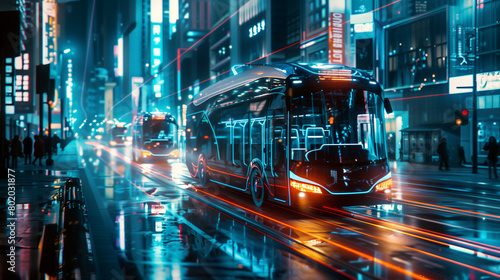 The future of electric autonomous bus transport. running on the city. generative AI digital illustration © jiraphat