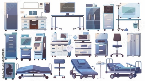 An interior scene from a clinic ward or chamber, with items like a bed, a life support system, a computer, chairs and lockers for medicine, a wheeled table and a holder for a medical dropper, and photo