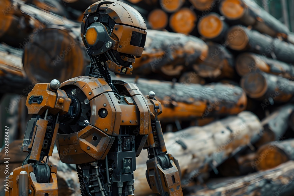A humanoid robot lumberjack stands against the background of stacked felled trees