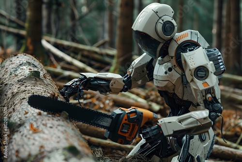 A humanoid white robot saws trees with a chainsaw photo