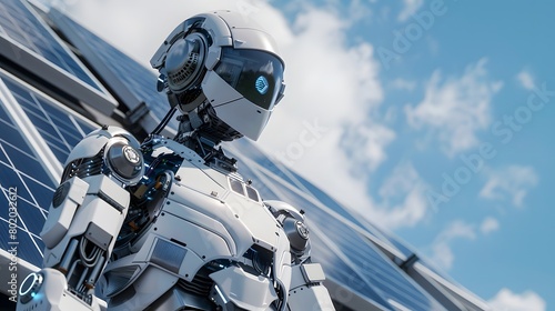 A humanoid white electrician robot looks to the right and evaluates the work against the background of solar panels photo