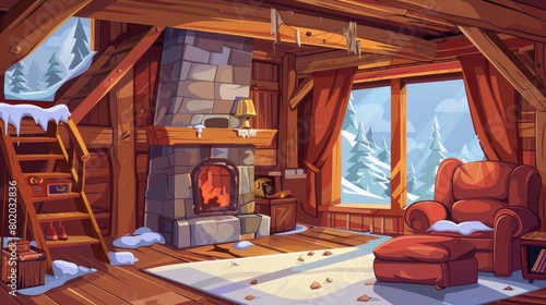 Old abandoned chalet house with broken wooden stairs and fireplace. Modern cartoon messy interior of traditional mountain lodge, mountain cottage living room with torn curtains and chair cushions.