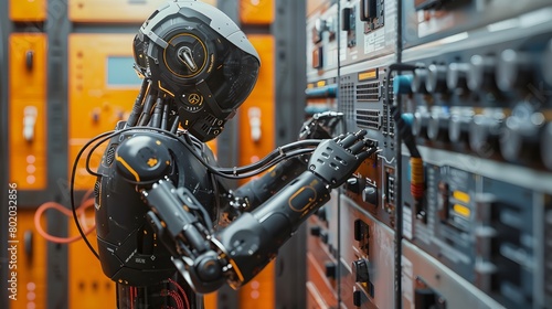 A humanoid black electrician robot is working in the server room