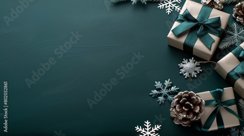 Festive christmas decorations on green background, holiday ornaments for new year celebration