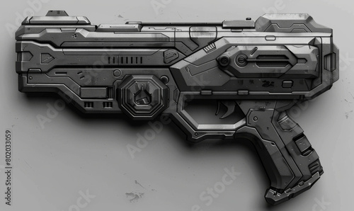 Futuristic high-end sci-fi rifle 3d generated, ad mockup isolated on a white and gray background.