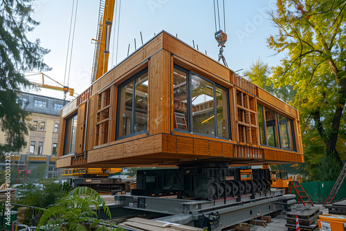 Modular wooden building module being lifted by a crane at a construction site. Sustainable architecture and urban development concept. Design for poster, banner, and construction industry photo