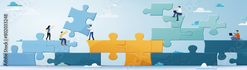 The image shows a group of people working together to solve a puzzle