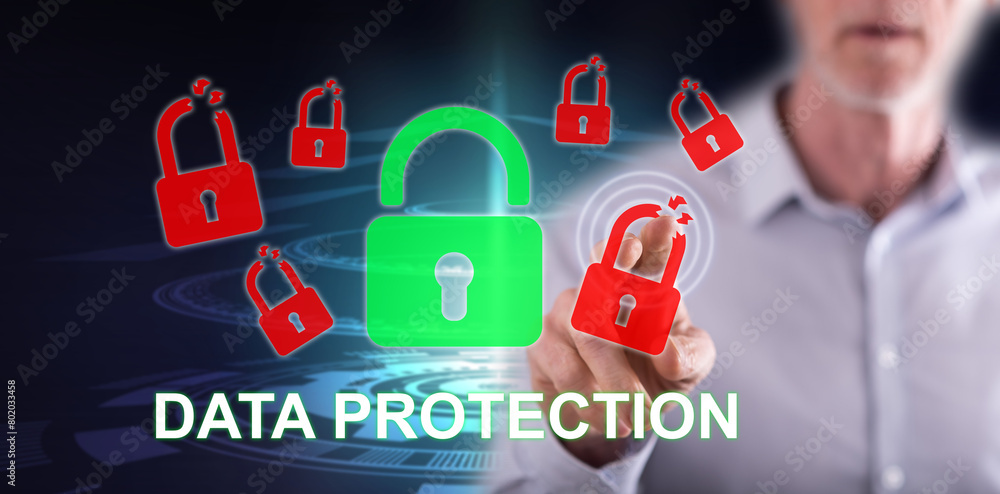 Man touching a data protection concept Man touching a data protection concept