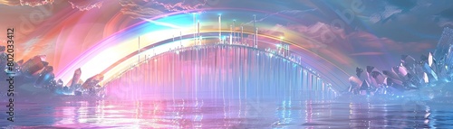 Rainbow arch and crystal bridge with light refraction, visualizing a fantastical bridge crafted from crystal, bending light into a spectrum