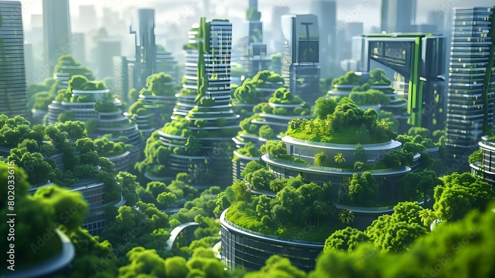 Vibrant ecofriendly city with green skyscrapers parks and digital art in 3D. Concept Eco-friendly Architecture, Green Skyscrapers, Urban Parks, Digital Art, 3D Design