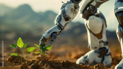 The robot arm evaluates the condition of seedlings in the desert photo