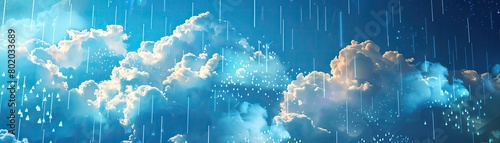 Synthetic sky filled with pixelated clouds and code rain, depicting an artificial atmosphere infused with digital elements