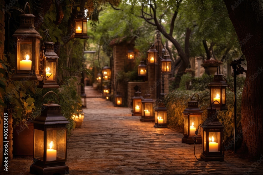 Naklejka premium Outdoor candle lanterns lighting a path.