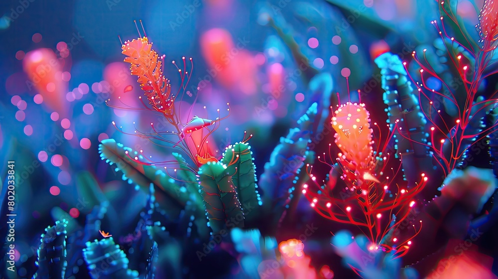 Fototapeta premium Circuit forest illuminated by neon glow, with digital fauna roaming amidst the electronic flora