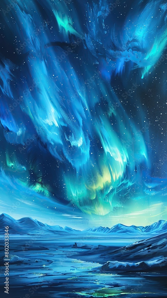 Aurora canopy over a silent tundra, with the northern lights dancing across the sky, capturing a magical celestial event