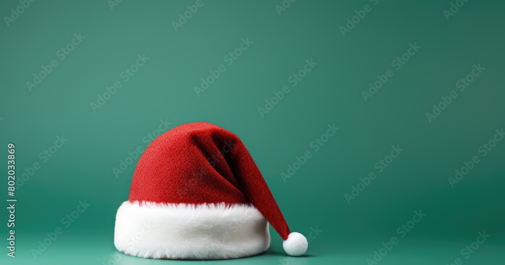 Red and white santa hat on green background Red and white santa hat on green background