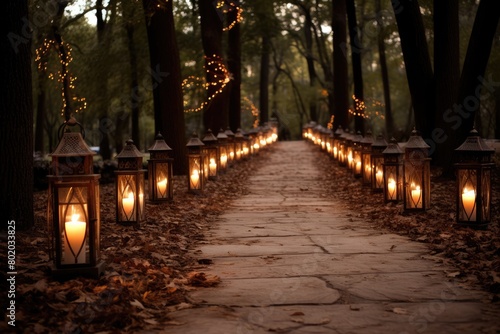 Outdoor candle lanterns lighting a path.