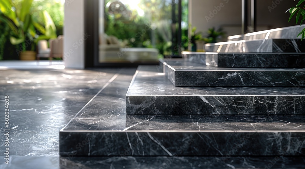 Black marble steps leading to living room Black marble steps leading to living room