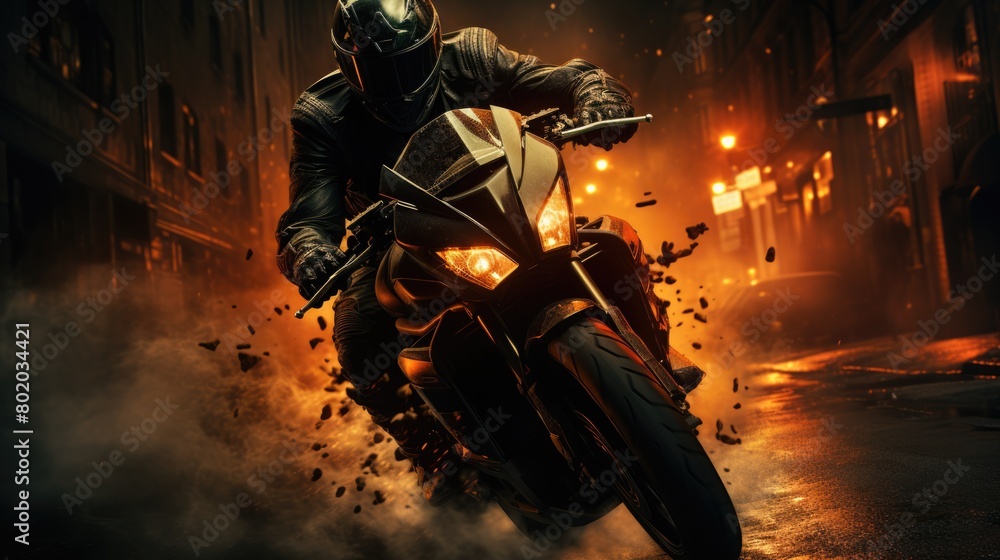 A cool stylish motorcyclist in a black leather jacket rides quickly along a city street at night. The theme of extreme sports and speed.