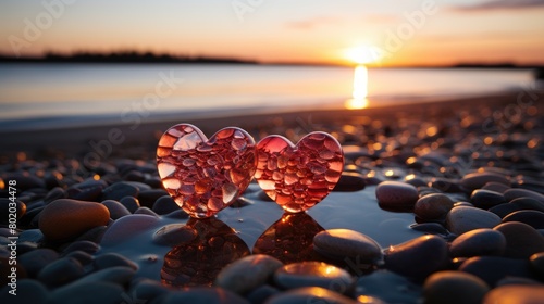 Two glass red hearts on a sandy beach against the backdrop of a sunset at sea. Romantic symbol of love. photo