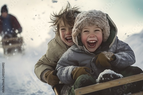 Kids sliding down a snowy hill on sleds. photo