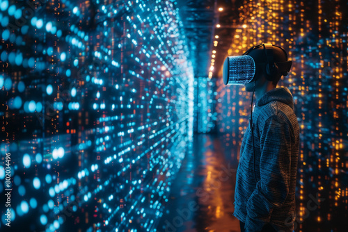 The image shows a person wearing a virtual reality headset standing in a room with a lot of lights.