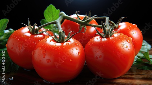 Juicy red ripe tomatoes close-up. Appetizing fresh vegetables. Source of vitamins and microelements. The topic of proper nutrition. photo