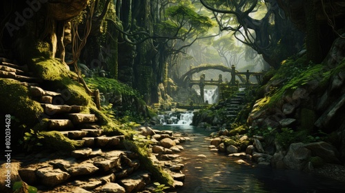 A picturesque cave in the mountains, covered with moss and lichens. Mysterious world in the rocks.