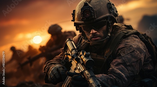 A military man in a protective helmet and black glasses stands against the background of the sunset. photo