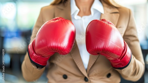 Corporate woman ready for competition   office worker in boxing gloves, business competition concept © Andrei