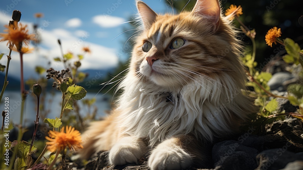 A beautiful adult fluffy cat sits on the grass in an autumn forest clearing. Favorite pets. Bright colorful wallpaper.