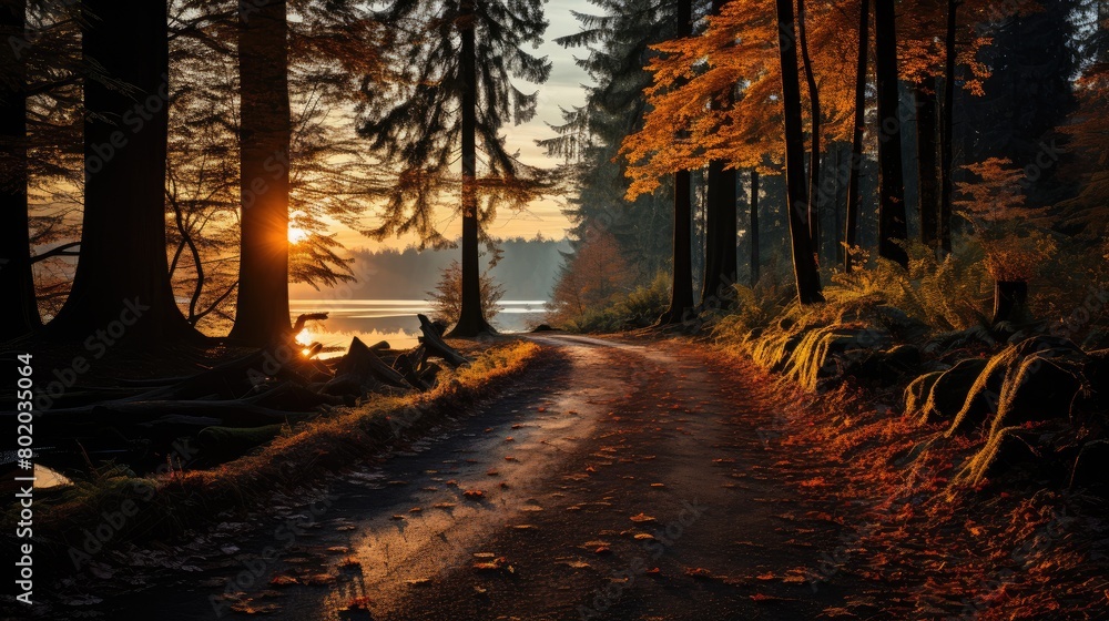 Obraz premium Beautiful autumn road stretching into the distance. Golden forest with orange and yellow leaves.