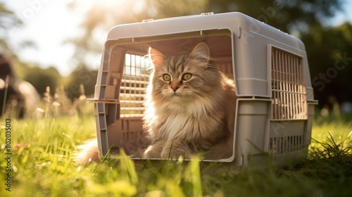 A young fluffy beautiful cute cat sits in a carrier on the green grass. Favorite pets. Theme of health and disease prevention. photo