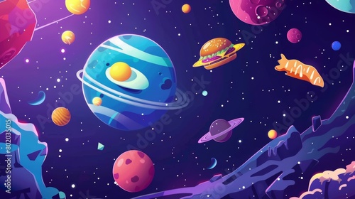 Cosmic funny galaxy world with eggs  burgers  salmon fish and ice cream spheres  modern illustration.