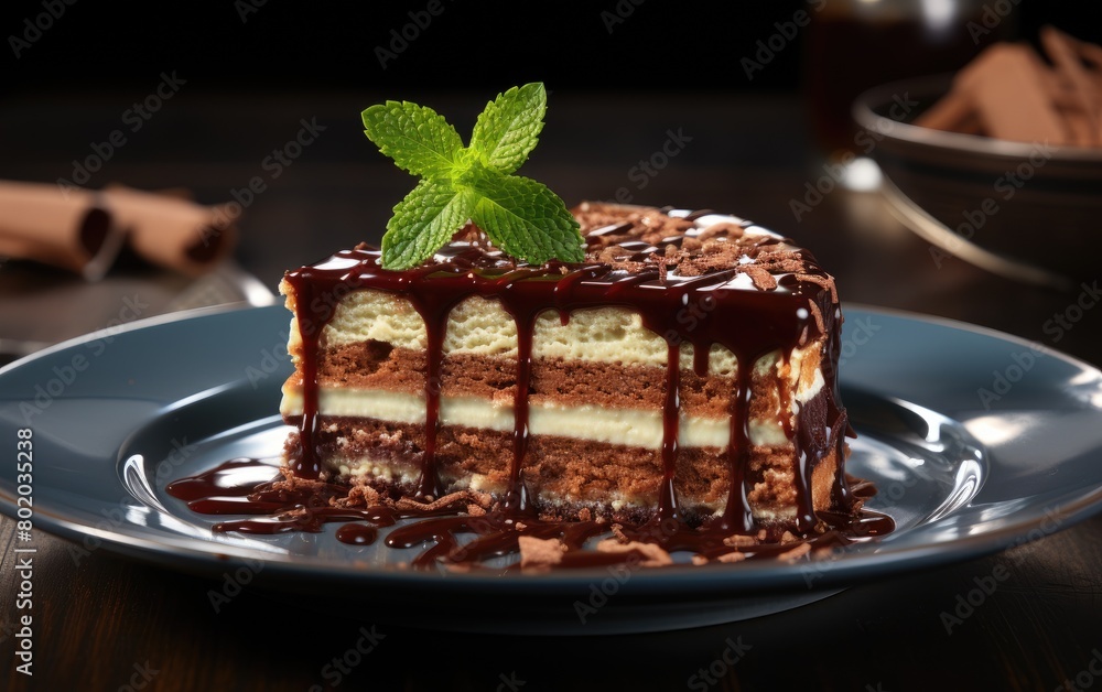 Delicious sweet appetizing cheesecake with chocolate glaze. Decorated with mint leaf. Delicious sweet appetizing cheesecake with chocolate glaze. Decorated with mint leaf.