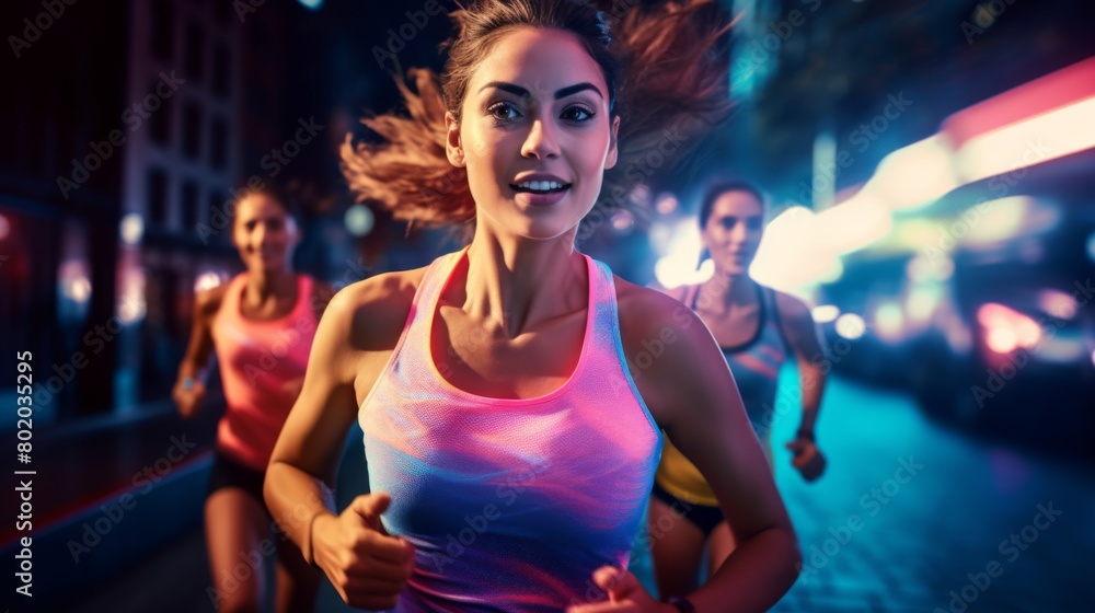 Women running race advertising campaign, neon glowing