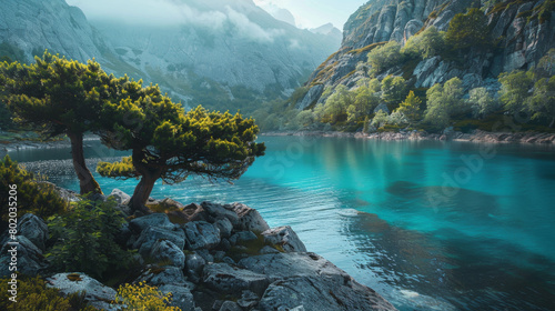 A beautiful mountain lake with a tree in the foreground photo