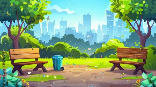 A dirty city park with garbage bins for sorting garbage, wooden benches, and the skyline is dominated by buildings. Modern cartoon landscape of a public garden with litter and garbage containers.