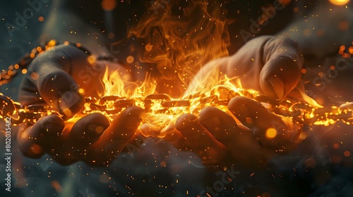 Man's Hands Breaking Glowing Fire Chains Struggle and Determination Concept photo