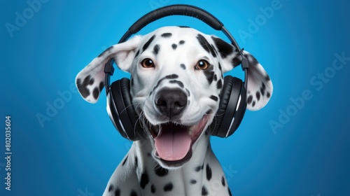Dalmatian dog wearing headphones making funny face © Boomanoid
