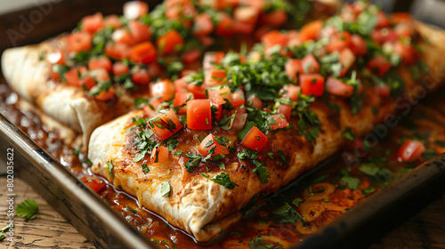 A closeup view of a red and green wet burrito