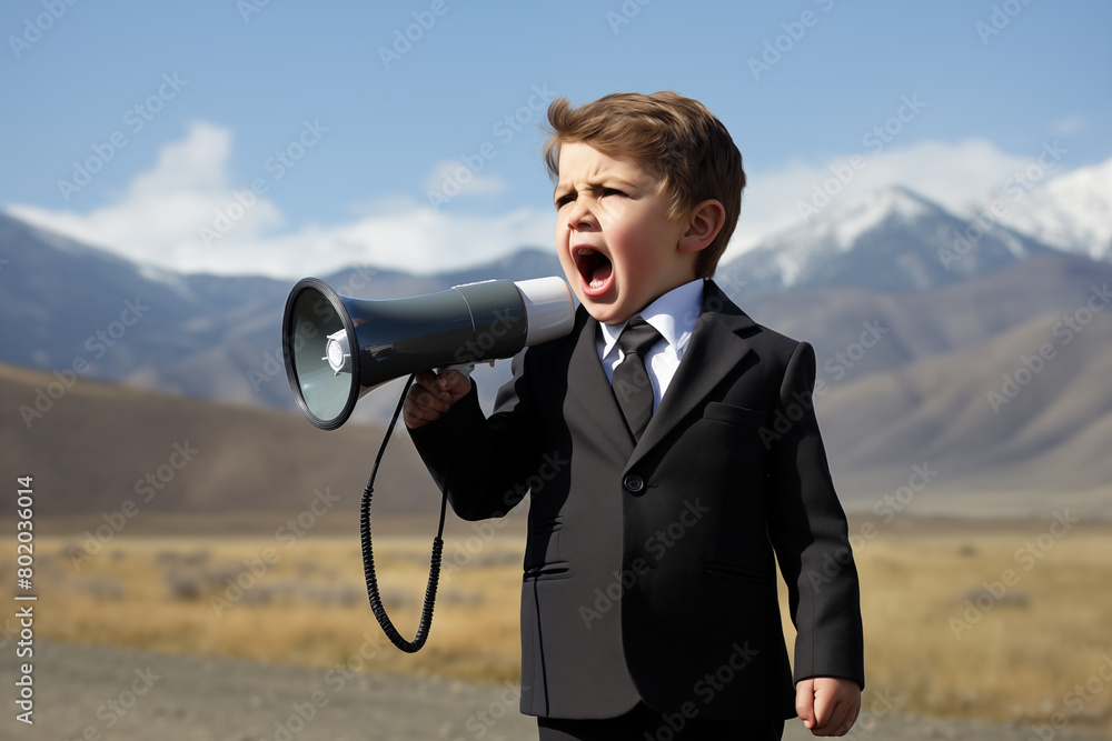 Confident Young Boy in Suit Shouting into Megaphone. The scene conveys a sense of authority and assertiveness despite the boy's young age. Generative AI Confident Young Boy in Suit Shouting into Megaphone. The scene conveys a sense of authority and assertiveness despite the boy's young age. Generative AI