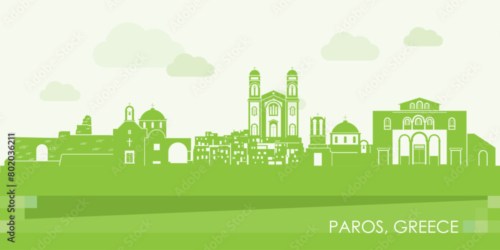 Green Skyline panorama of Paros island, Cyclades, Greece - vector illustration