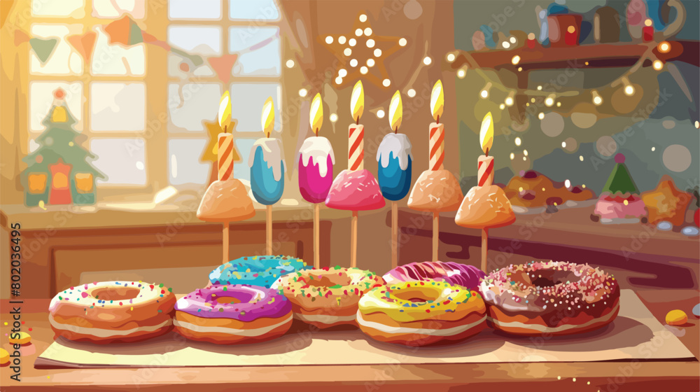Donuts and dreidels for Hanukkah on table in room Vector