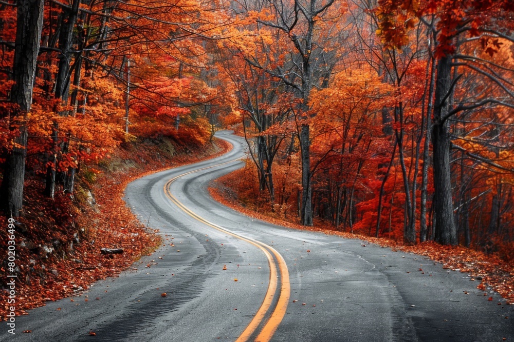 Naklejka premium Curved Road Amidst Brilliant Autumn Foliage