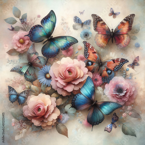 Ethereal Dance of Butterflies Amidst Blooming Flowers